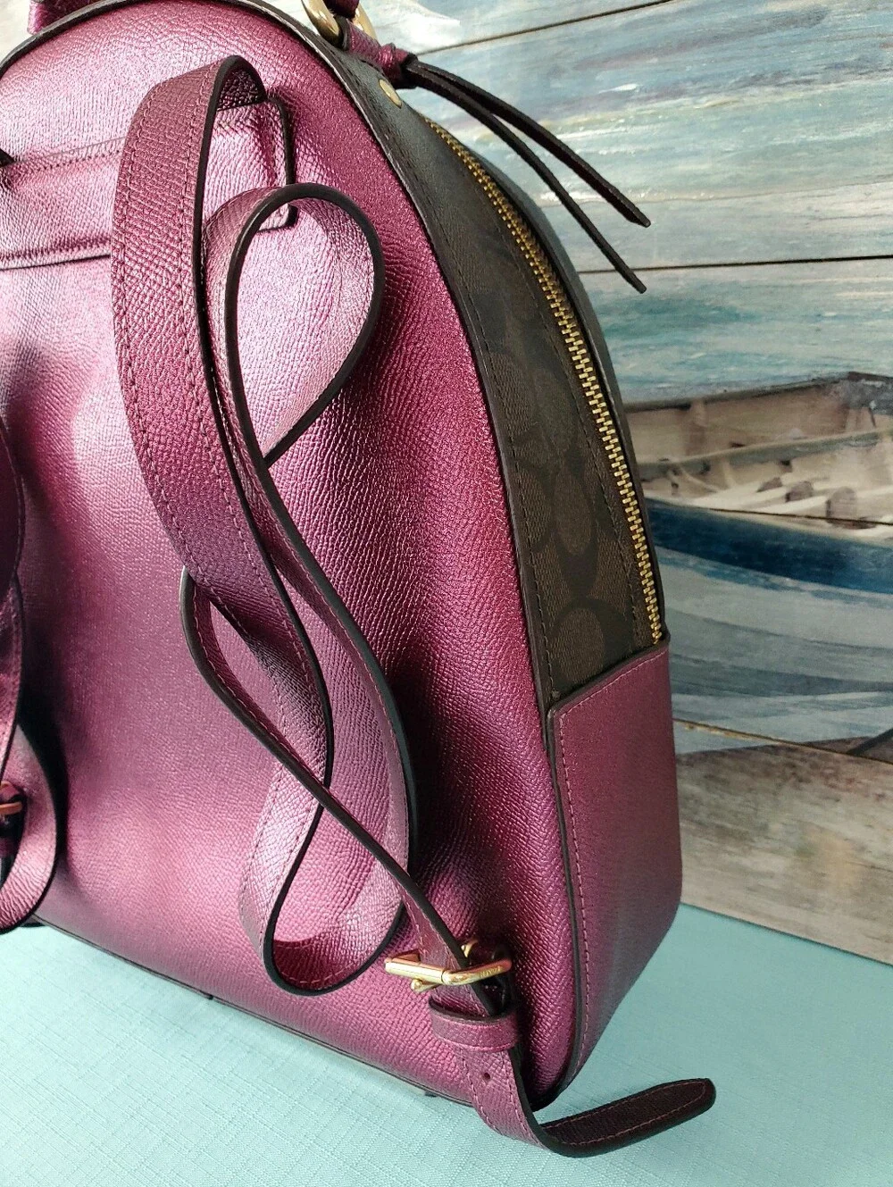 COACH JORDYN BACKPACK IN SIGNATURE CANVAS METALLIC BERRY/BROWN